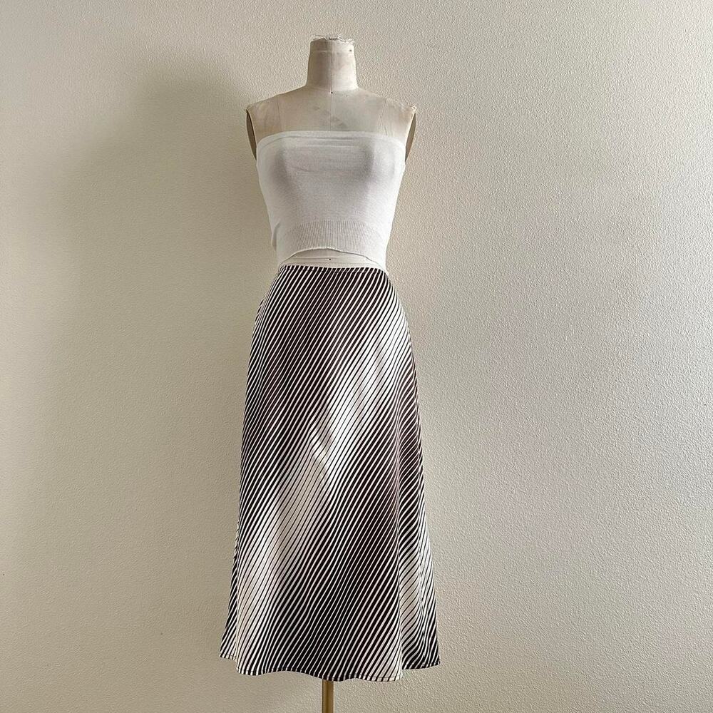 handmade brown cream satin silk blend striped midi skirt